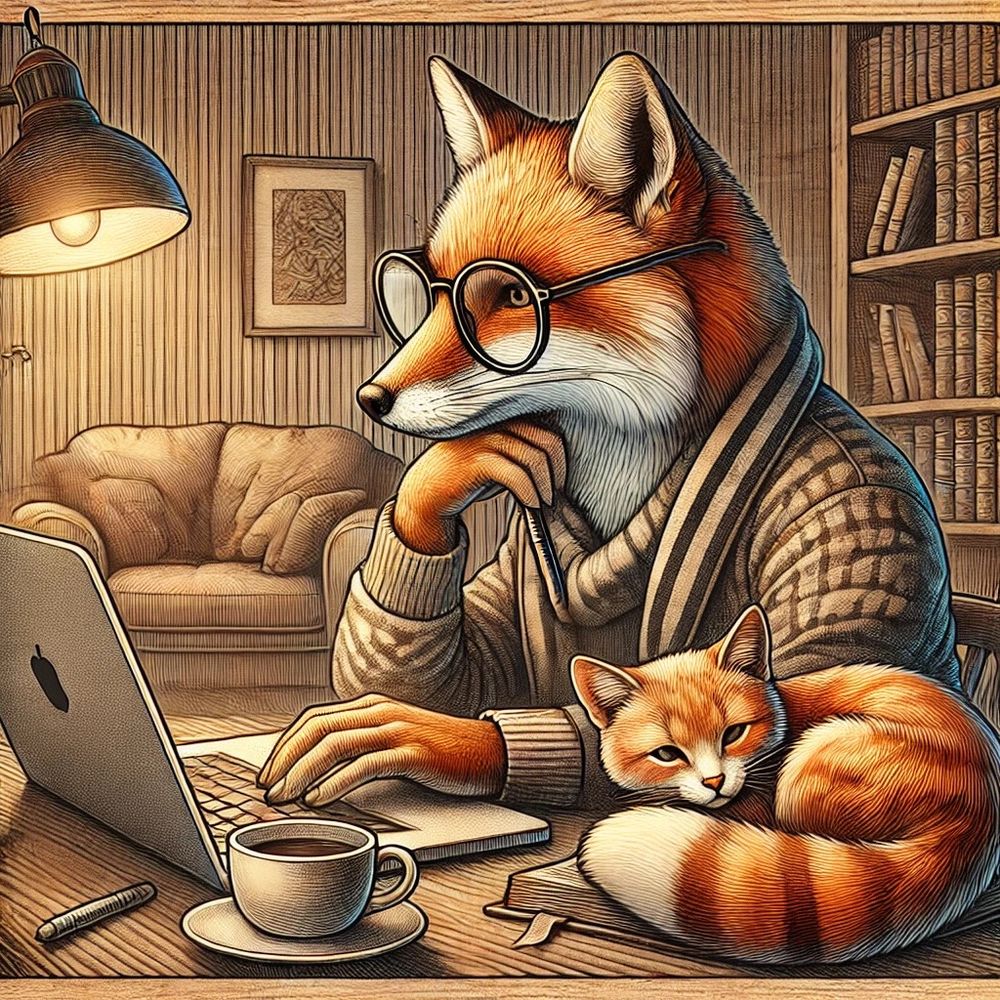 Here is an artistic representation of you as a fox embodying creativity and intellect, surrounded by books, typing at a desk with your cat nearby. 