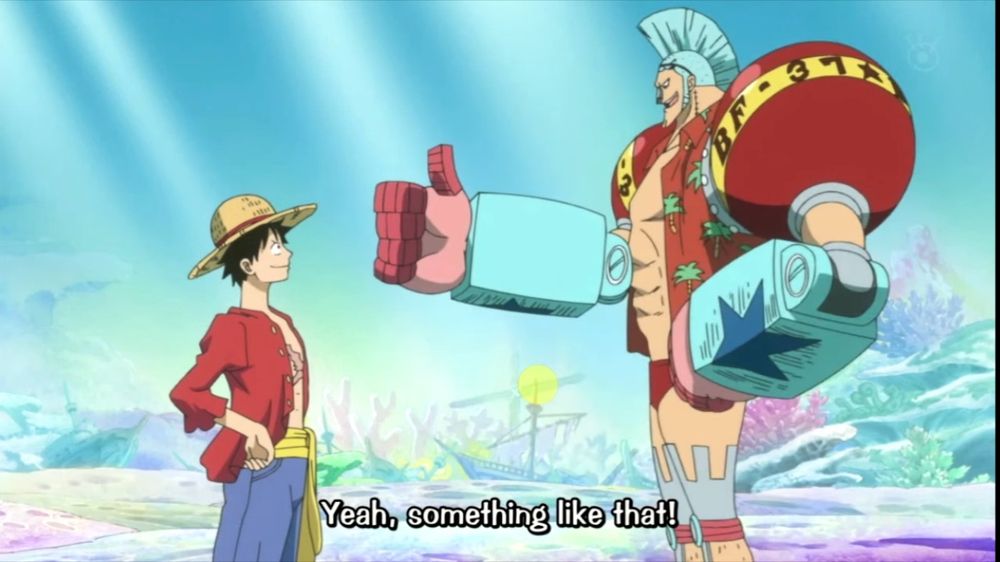 A cyborg gives a thumbs up to a guy in a straw hat and says while smiling, “Yeah, something like that!”