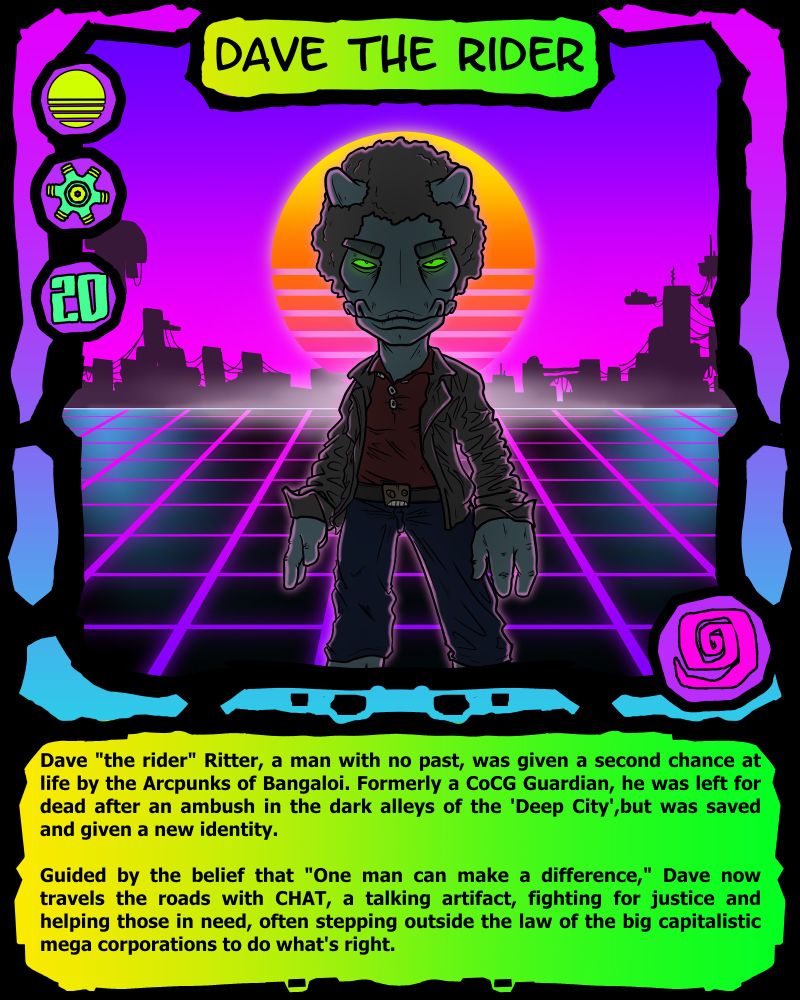 A card featuring "Dave the Rider," an Arcpunk from Bangaloi. Dave is an anthropomorphic character of the Aloo species, with glowing green eyes, gray-green skin, and an afro, dressed in a leather jacket and jeans. He stands against a Synthwave-style futuristic sunset with a neon pink-purple skyline. The card text details his backstory: Once a CoCG guardian, he was left for dead after an ambush but was saved by the Arcpunks of Bangaloi. Now, he travels the world with CHAT, a talking artifact, fighting for justice and often opposing capitalist mega-corporations. On the left are symbols, called "Chips," defining his profile: Chip1 is "Sun," Chip2 is "Tech," Chip3 is 20. Additionally, the bottom right corner features the symbol for "Flux."