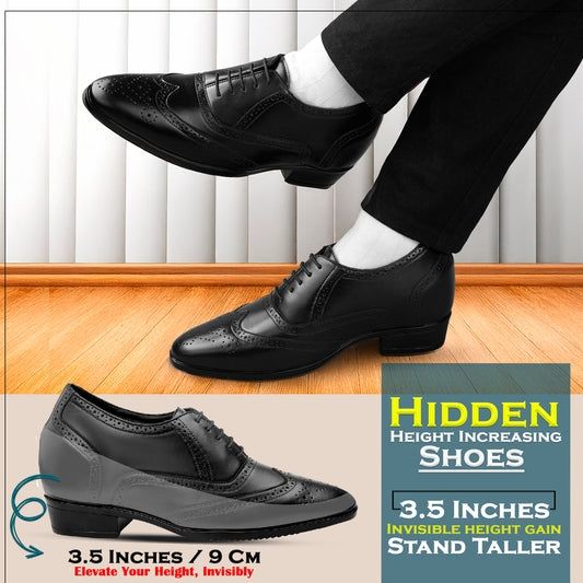 Ad for hidden height increasing shoes.