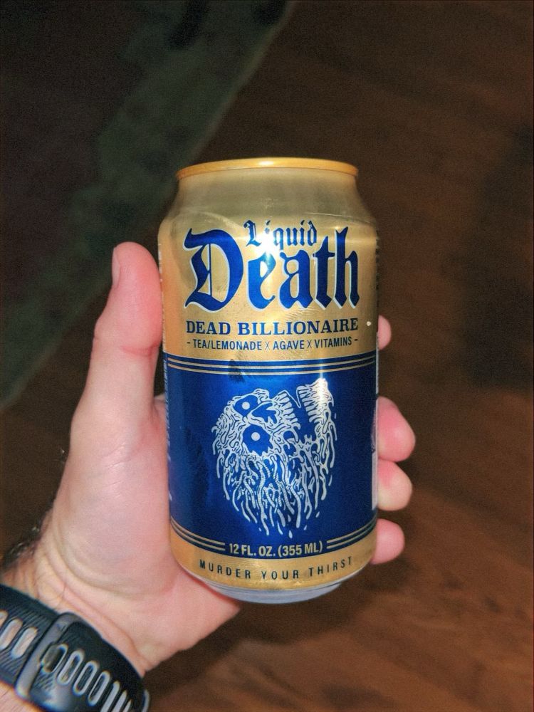 A can of Liquid Death “dead billionaire” flavor.