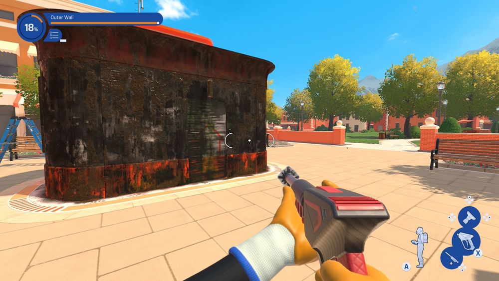 Powerwash Simulator 2 screenshot with a very grimy stand surrounded by a beautiful environment 