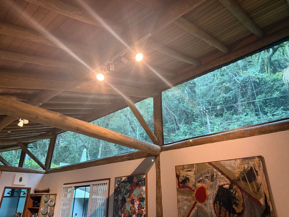 the interior of the house, which has a big beamed wooden roof, giant windows everywhere, and is covered in art on the walls. you can see the forest under the slanted roof through the window glass. 