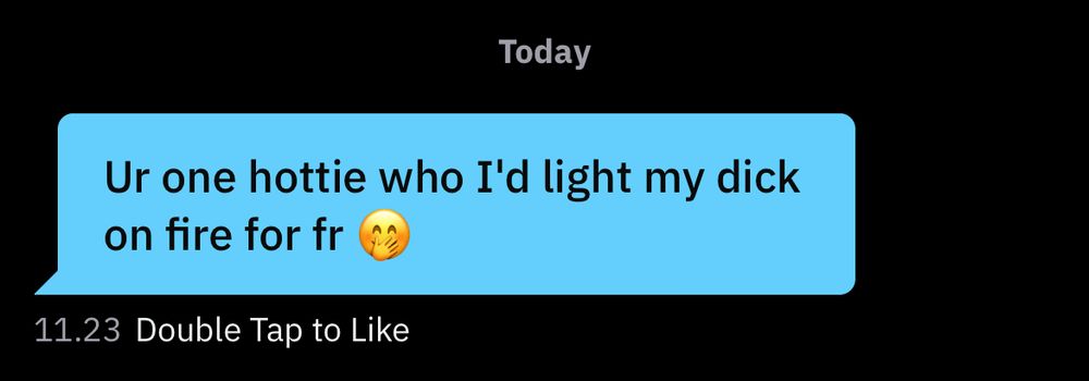 message from popular gay hookup app and known transsexual Last Resort Grindr. he’s telling me that I am “one hottie who I’d light my dick on fire for fr 🤭” 