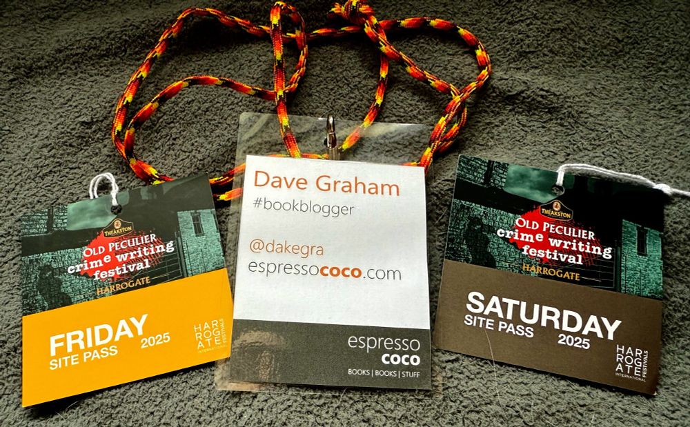Friday and Saturday site passes for Theakston Old Peculier Crime Writing Festival 2025, with a homemade, artisanally hand-crafted name badge for myself, with an orange paracord lanyard