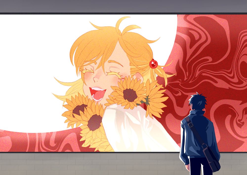 Haejoon standing in the foreground staring at a huge advertisement of Eunyung smiling while surrounded by sunflowers. The background is red swirls that show up in No Home for Eunyung with a bright white circle behind his head.