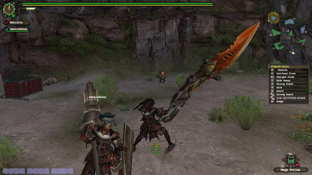 Imagem do jogo Monster Hunter Frontier com a personagem segurando um espadão duas vezes o tamanho normal. 