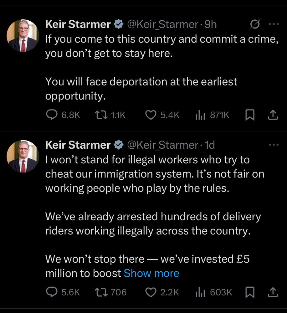 If you come to this country and commit a crime, you don't get to stay here.
You will face deportation at the earliest opportunity.

@Keir Starmer•1d
I won't stand for illegal workers who try to cheat our immigration system. It's not fair on working people who play by the rules.
We've already arrested hundreds of delivery riders working illegally across the country.
We won't stop there — we've invested £5
million to boost Show more