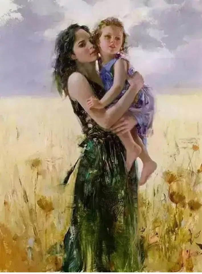 Painting of Mother and Child done in oils. Mother is wearing green dress and holding young child in her arms while standing in a hazy yellow field of something like wheat or grass. 