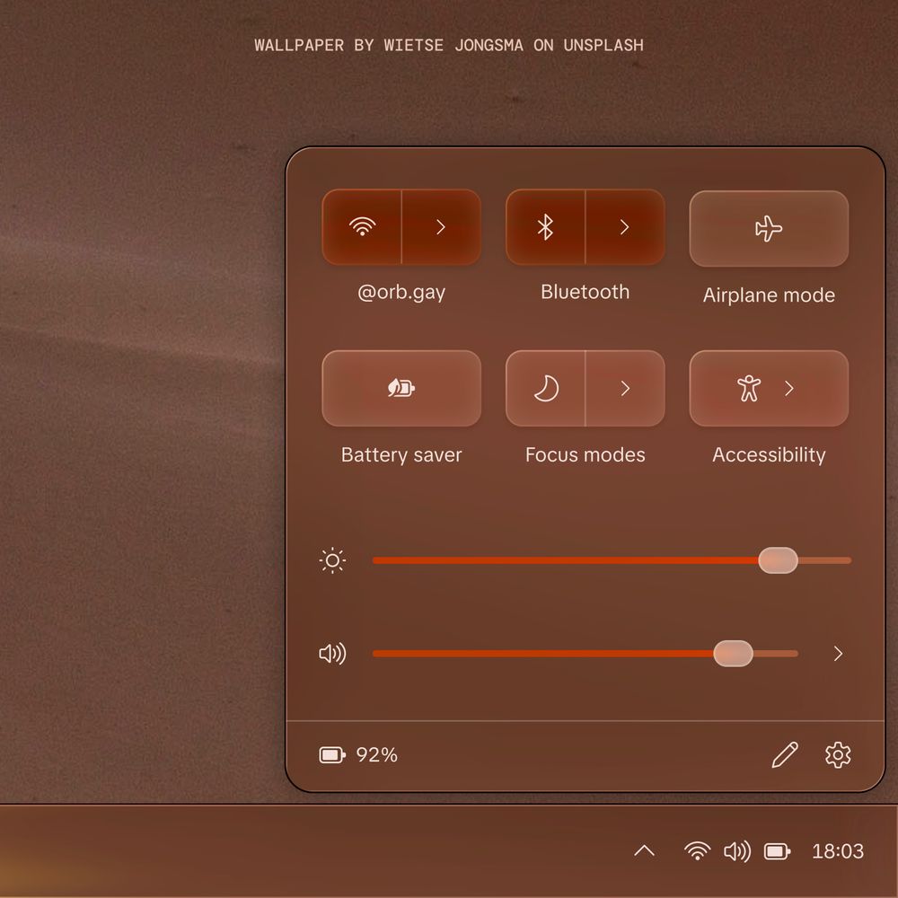 Windows 11 quick settings, with iOS 26 styled sliders, and glossier toggles—all tinted with the background