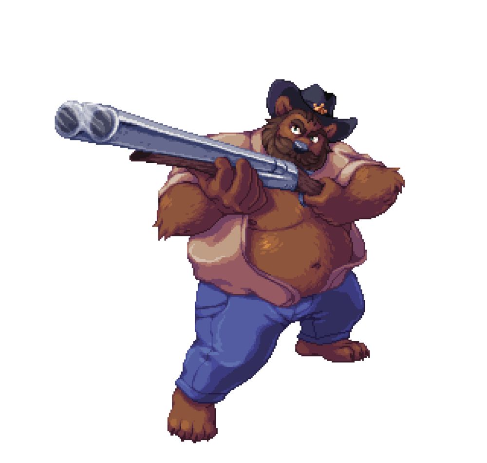 Grizzly bear sheriff with open shirt, showing his big belly while holding Remington 1900 shotgun. It belongs to his boyfriend, Jasper. 