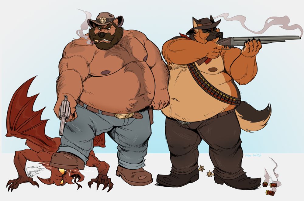 Fat bear sheriff holding a revolver and aiming at a demon under his boot. His rotund German shepherd boyfriend stands at his side with shotgun, ready to pump the rest of the horde full of lead. A visit to a popular, new saloon in town with hot men and delicious drinks turns out to be a gateway to hell. 🍻