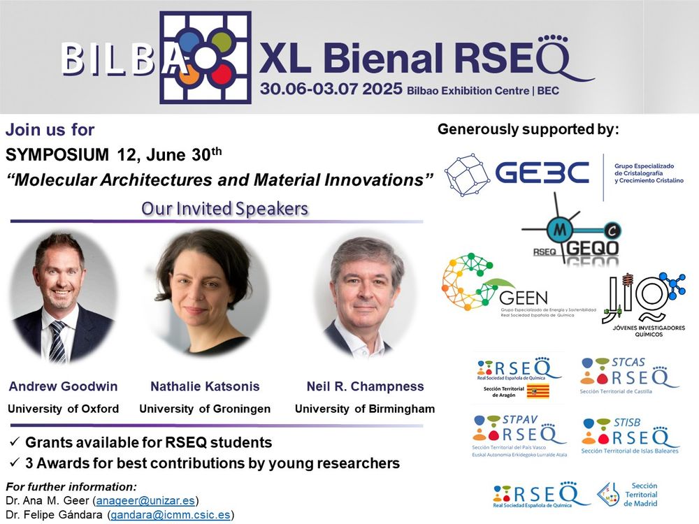 Flyer for Symposium 12 at the XL Biennial Meeting of the Royal Spanish Society of Chemistry. Invited speakers: Andrew Goodwin (University of Oxford), Nathalie Katsonis (University of Groningen), and Neil R. Champness (University of Birmingham).