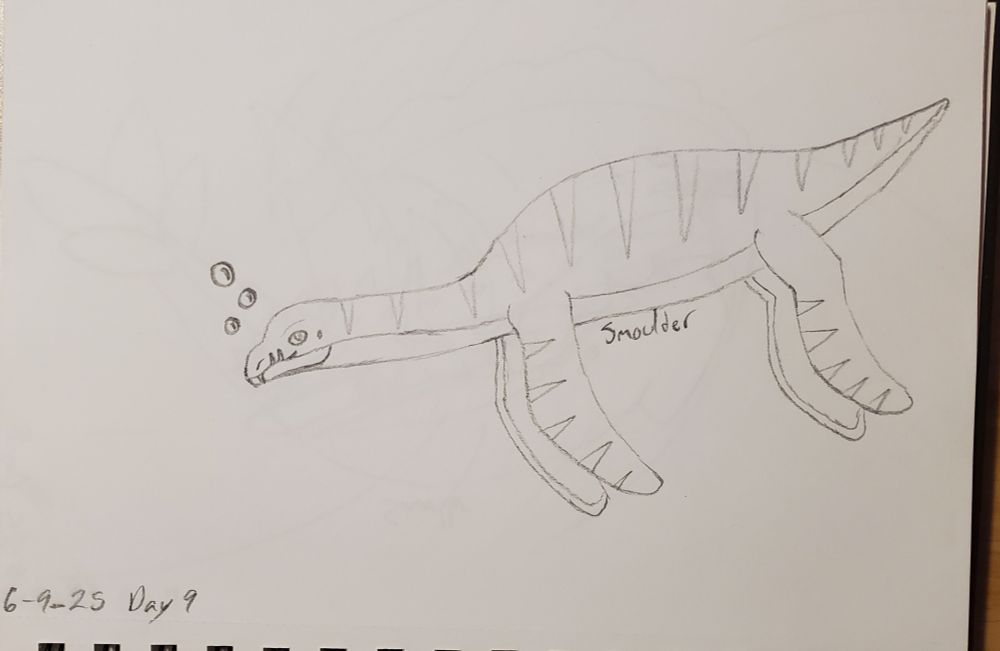 A pencil sketch of a striped plesiosaurus.