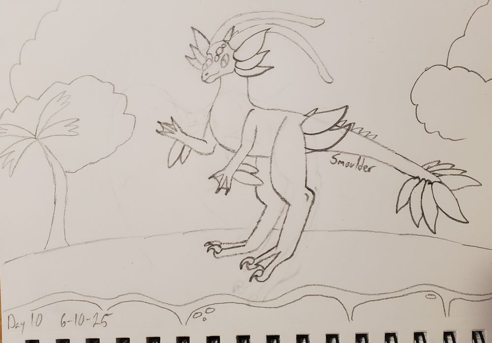 A pencil sketch of a dromaelocera on the beach. Waves are rolling in and a palm tree is visible in the background.