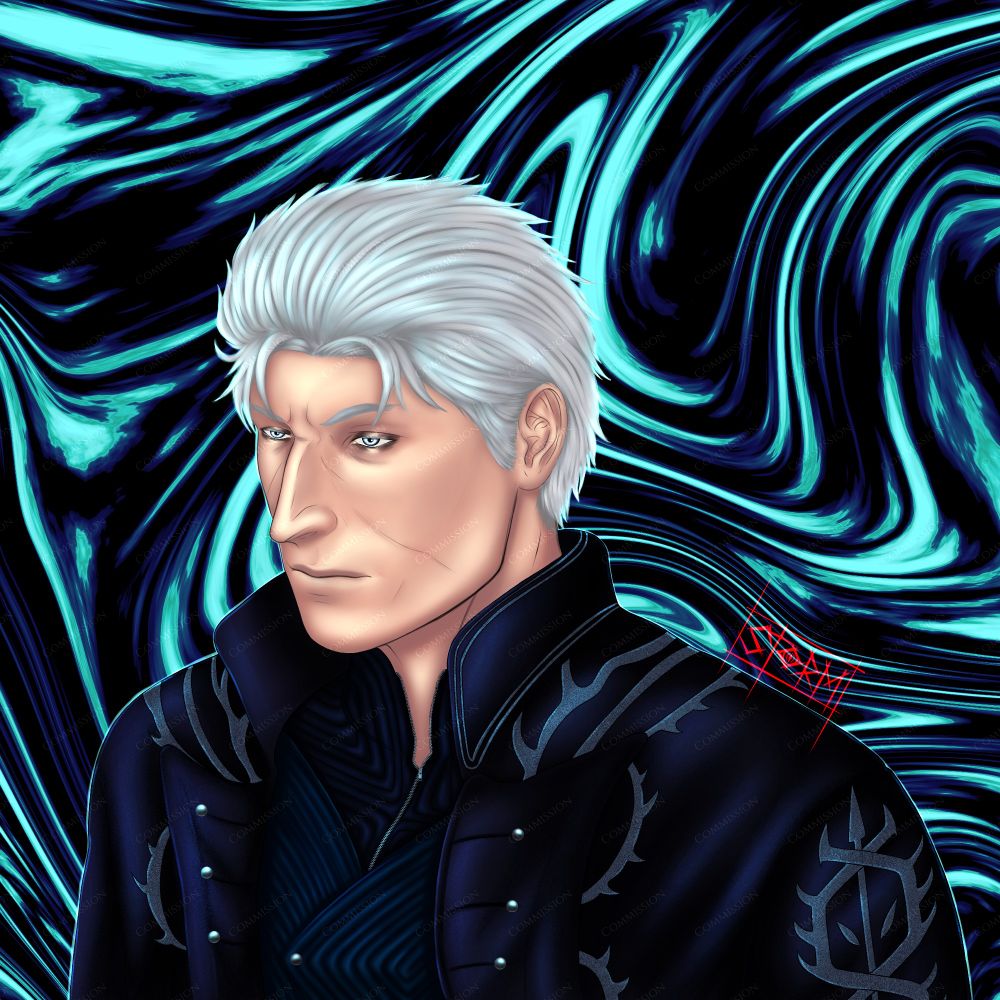 Digital art of Vergil from devil may cry, more specifically his appearance in DMC5 with a swirly black and blue background.