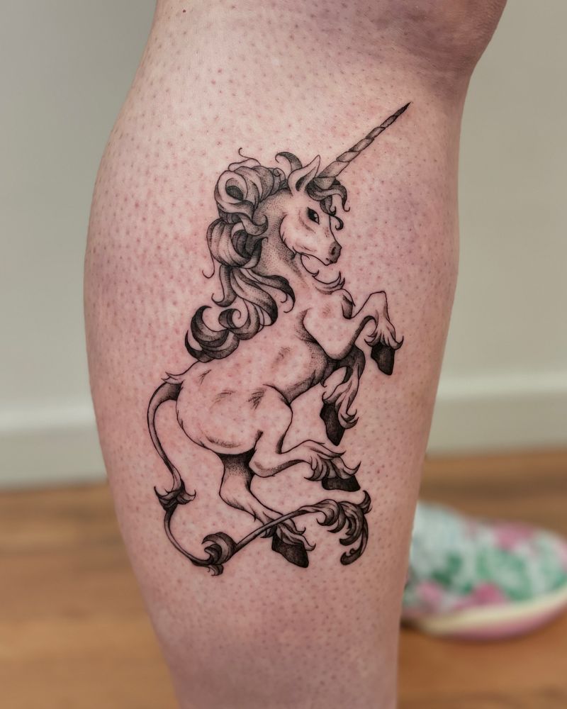 Tattoo of a unicorn on a calf