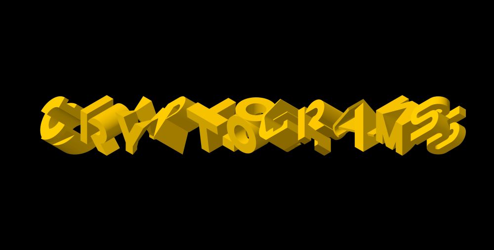 CRYPTOGRAMS. Custom 3D letters rendered in isometric view. Yellow Letters on Black background. 