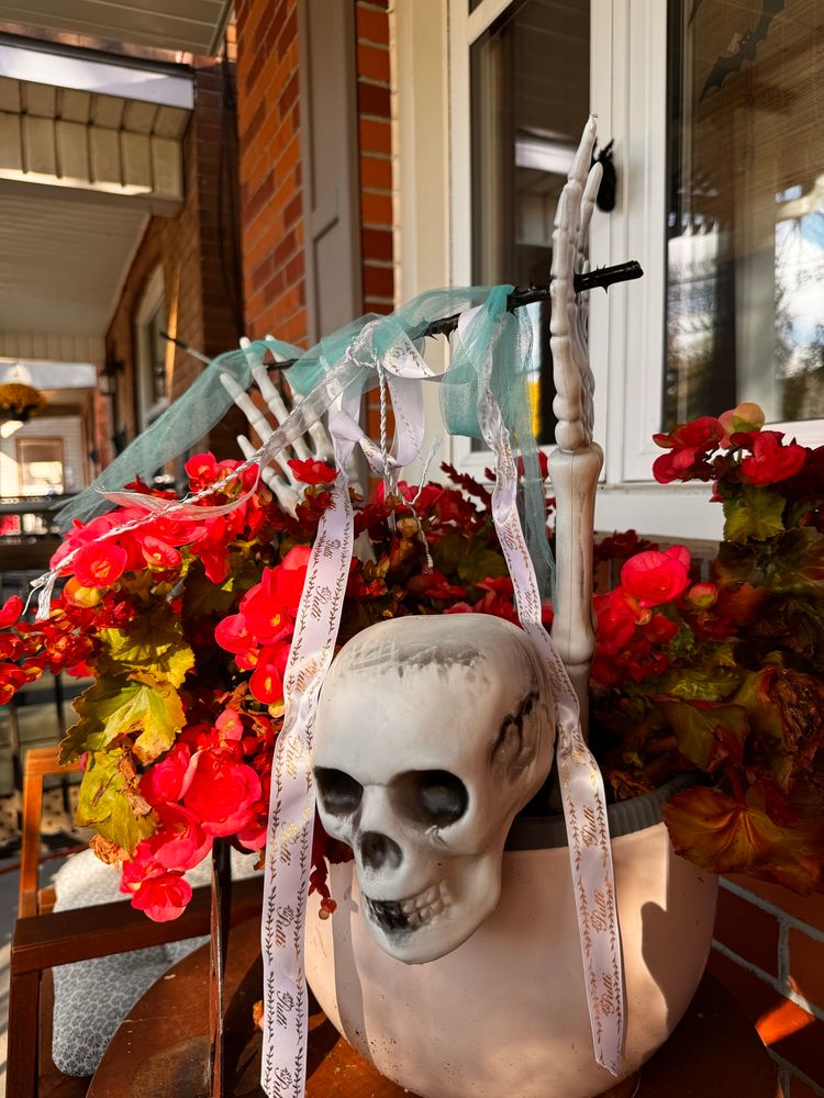 A skeleton head and hands in a white round flower pot holding a black thorny twig wrapped in ribbons. (From the movie Weapons) 