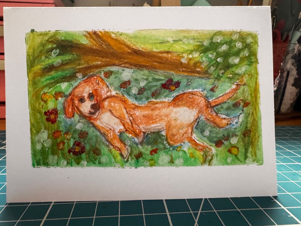 A brown dog shows her belly laying in a pond with flowers and trees beside her. It is a pastel comic done in the style of the pairing fate of Ophelia 