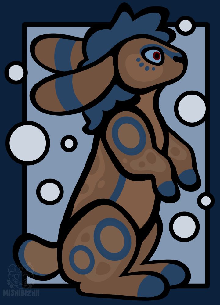 A blue and brown rabbit fursona in quadruped form standing on its back two legs in Ojibwe woodlands art style. It’s surrounded by bubbles and has blue rings on its hips and shoulders. 