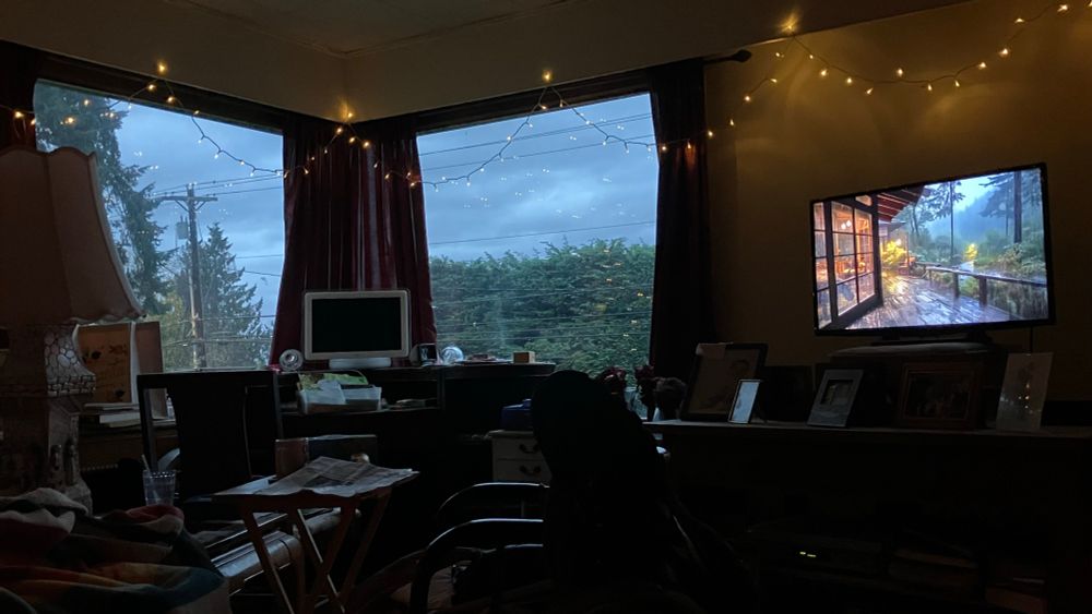 A dark, cluttered room with two large windows showing a gloomy, overcast day with evergreen trees and, inside the room, a large screen TV showing a gloomy, overcast rainstorm outside a cabin in the woods.