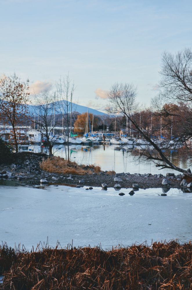 a view from  the edge of a lake with a tiny island and  small trees. There are boats docked in the water with trees to the right and mountains in the background.