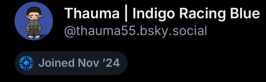 Thauma | Indigo Racing Blue @thauma55.bsky.social
Joined Nov '24