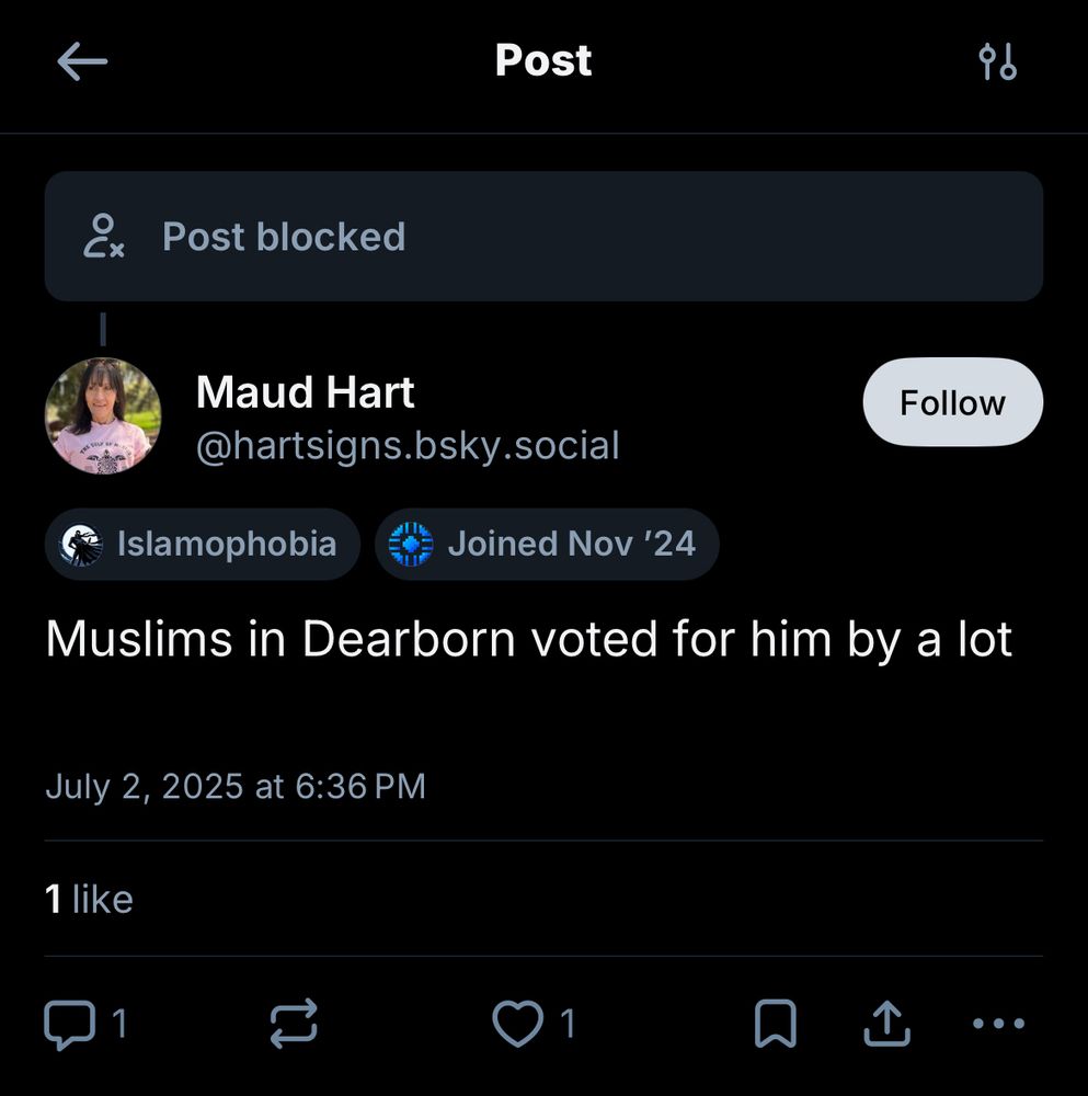 Post blocked
Maud Hart @hartsigns.bsky.social
Islamophobia
Joined Nov '24
"Muslims in Dearborn voted for him by a lot"
July 2, 2025 at 6:36 PM