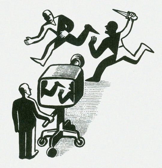 man runs away from man with a knife. a man with a camera zooms in on the running man's leg and foot and elbow in a way so that their silhouette looks like a man holding a knife on the camera. similarly, the camera makes it seem as if the man who is actually carrying the knife isn't holding a knife, and is screaming in fear instead of yelling to scare the other man running away from him