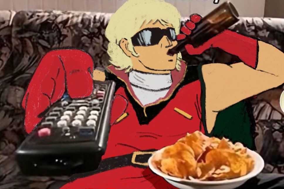 a drawing of Quattro Bajeena from Mobile Suit Zeta Gundam drinking a beer and holding a TV remote. a bowl of chips is in his lap. he wears a red vest with no sleeves and a white undershirt. the vest black accents on the shoulders, and it has yellow pockets and a yellow quarter-zip with a collar. Quattro wears red gloves, a black and yellow belt, and dark sunglasses. he has light blond hair and a tan. he sits on a couch. Quattro is the only thing that has been drawn in this image. the rest of it is a photo.