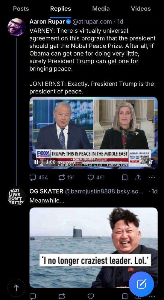 Aaron Rupar @atrupar.com • 1d
"VARNEY: There's virtually universal agreement on this program that the president should get the Nobel Peace Prize. After all, if Obama can get one for doing very little, surely President Trump can get one for bringing peace.
JONI ERNST: Exactly. President Trump is the president of peace."
OG SKATER @barrojustin8888.bsky.so...
"Meanwhile..."
(xenophobic meme of Kim Jong Un laughing in front of a submarine in the ocean. the meme's text says "I no longer craziest leader. Lol" in broken English)