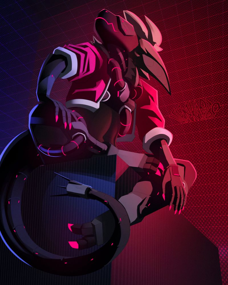 Neon-lit protogen, sitting on the edge of a cube, looking up