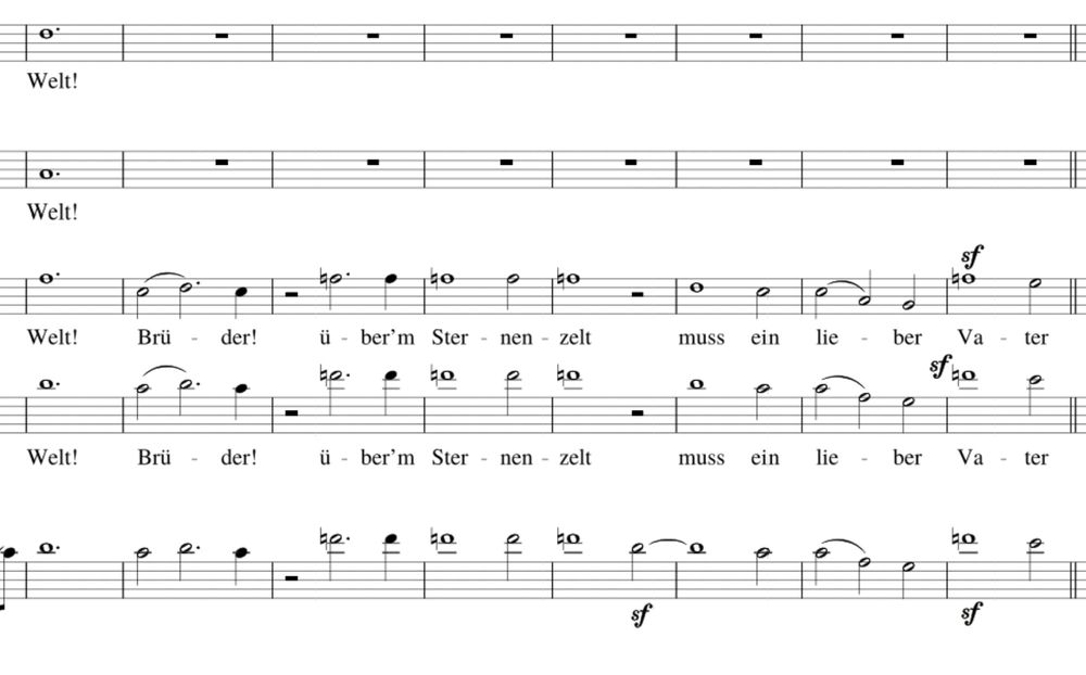 a line from the finale of Beethoven's 9th symphony, beginning with the words "Brüder! über'm Sternenzelt", sung by tenors and bases (and also by me, a contralto)