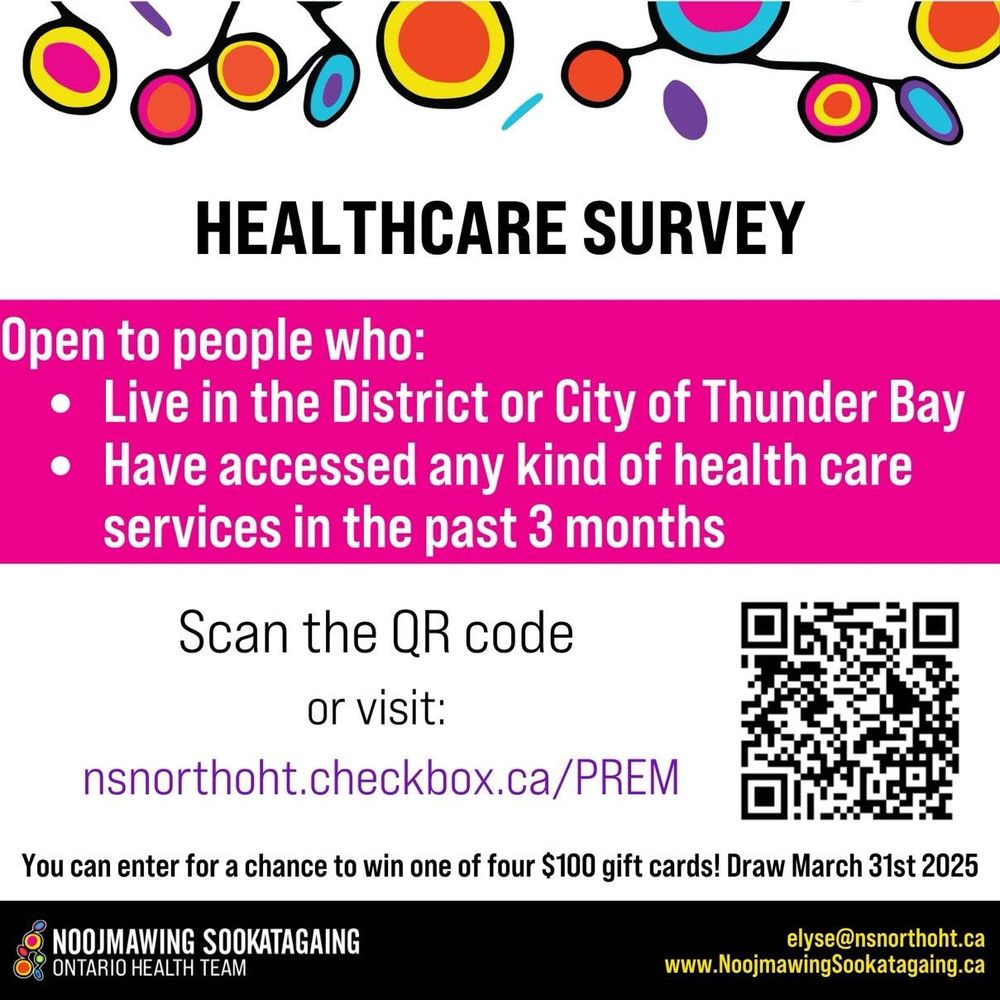 English image showing the health care survey is open to people who live in the city or district of Thunder bay and have accessed any kind of health care services in the past 3 months. There is a QR code and the link to the survey. 