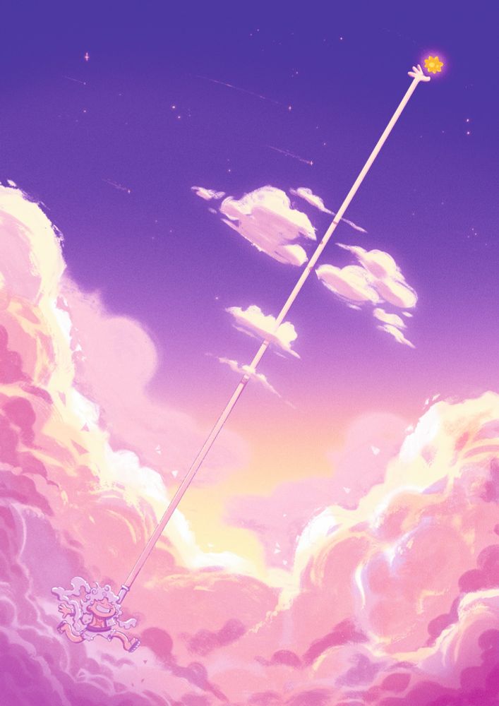 Luffy attrape une étoile dans un ciel de fin de soirée.