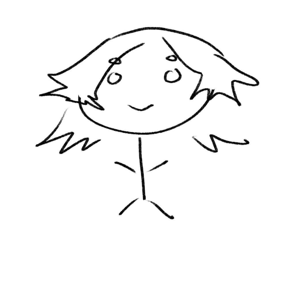 A stick figure with an oversized head, little bead eyes and vague shape of hair completes the picture.