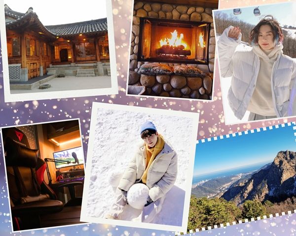 A moodboard for the fic 'if you're ready' by auguststarfall, featuring a hanok-style house with warm wood and a tile roof, a stone fireplace with cushions in front of it, a gaming chair in front of PC monitor, a mountain in Sokcho lightly dusted with snow, and photos of Yoongi and Jungkook from the 2021 winter package, bundled up in white jackets. Yoongi is wearing a yellow sweater and a blue beanie, and has a large snowball rolled between his legs. Jungkook has a hand raised and is bare-headed with streaks and blue and purple in his hair.
