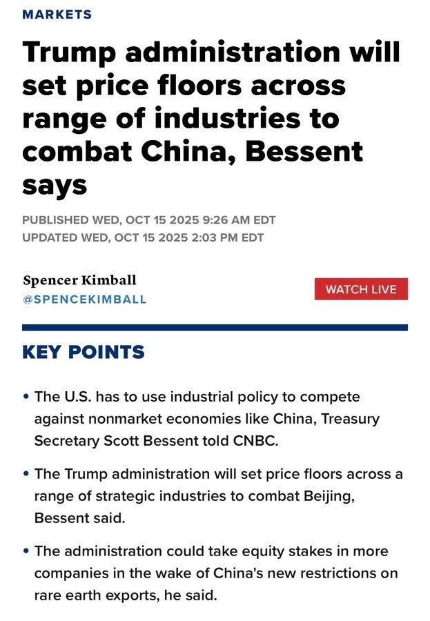 CNBC headline: Trump Administration will set price floors across range of industries to Combat China, Bessent Says. 