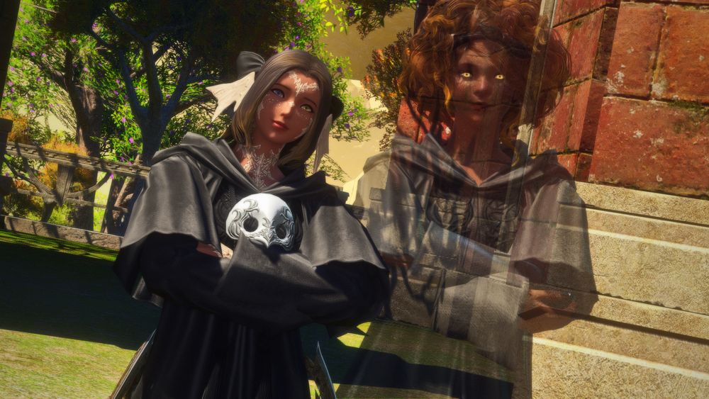 An image of Imani as she appears during Endwalker in Elpis. She is dressed in black robes with a white mask attached to the collar. Next to Imani is the shade of Atlas, Imani's Ancient/Azem. They are smiling at the viewer.