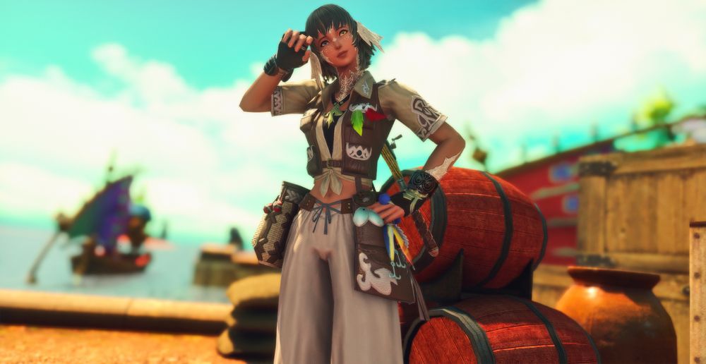 Imani Delara before she became the Warrior of Light. She is wearing a fishing outfit at the docks of Yedlihmad in Thavnair.