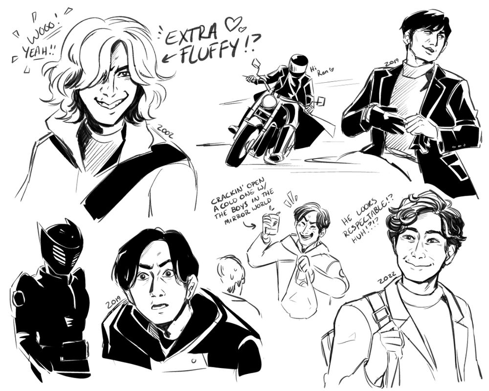 A collection of rough drawings of Shinji Kido and Ren Akiyama from Kamen Rider Ryuki after the main series.  
