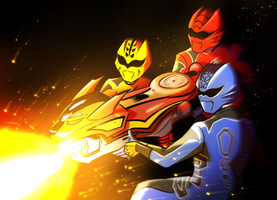 A colored drawing of the Gekirangers firing off a finishing shot from their team bazooka