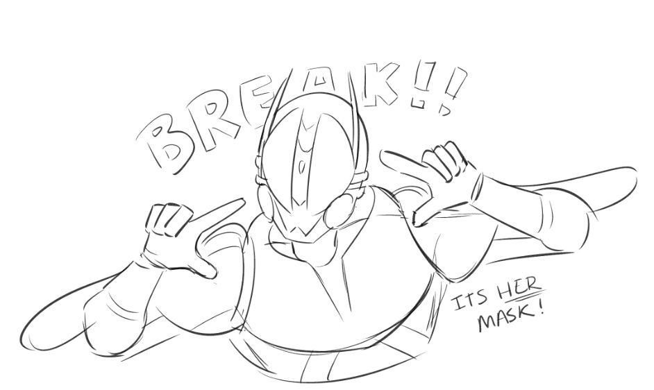 Break pointing at her own face!  her name appears behind her in big block letters