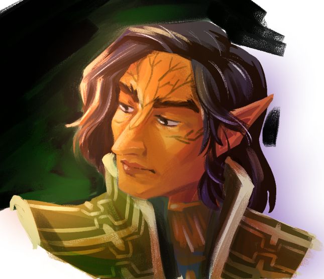 A digital painting of my Inquisitor Lavellan from Dragon Age Inquisition.  He's got a protruding nose and dark, shoulder length hair with a few stray grays.