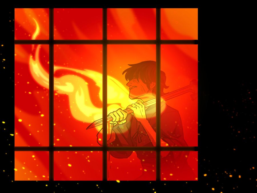 A colored illustration of Takeru Shiba from Samurai Sentai Shinkenger silhouetted in a window.  he grips the blade of his sword, Shinkenmaru, pulling it away from where it is held against his neck from off screen.  his hands bleed, and burn with a bright orange flame that wicks up from where he holds the blade, illuminating his pained expression.  