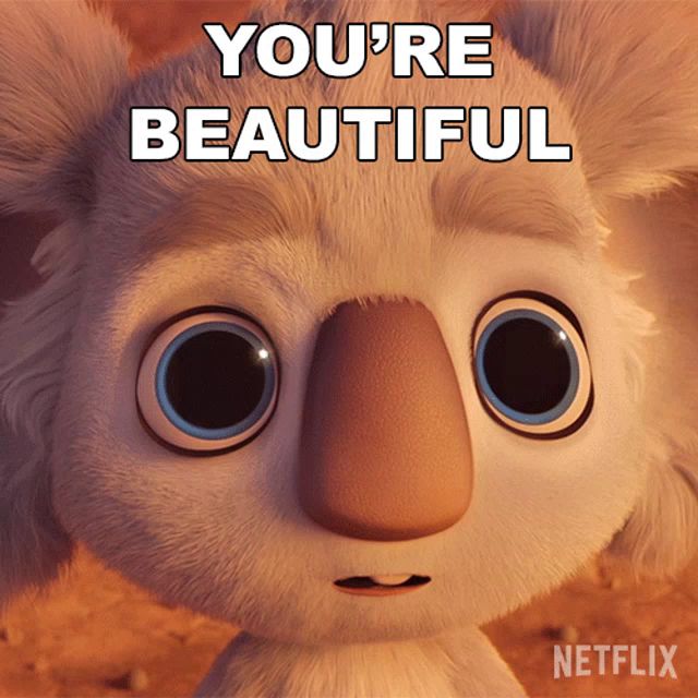 a cartoon koala says " you 're beautiful " on the screen