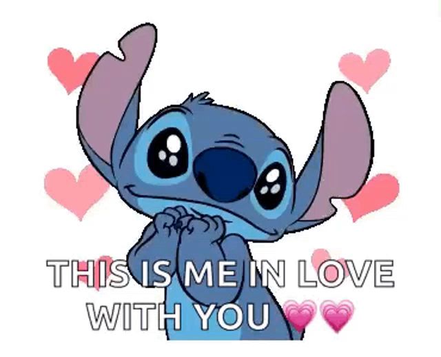 stitch from disney 's lilo and stitch is surrounded by pink hearts and says this is me in love with you .