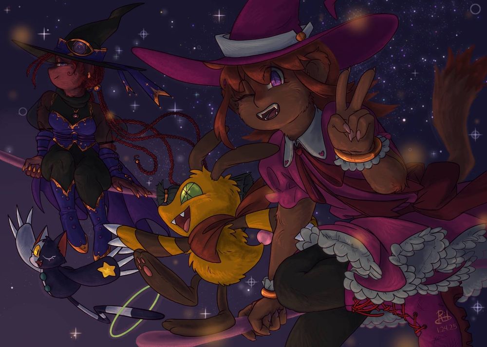 Leorina and Lolo as witches flying through a sunset sky. Popka stands at the helm of Lolo's broom, and Tat flies in between the Leo and Lolo. Lolo is throwing up a peace sign as Leorina looks to the side, adoringly at Lolo.