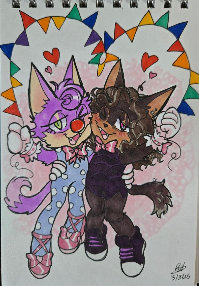 Me and gf as sonic charas, one on left is a pink/purple cat in a blue white polkadot jumpsuit, and on the right is me as a black cat in a dark body suit. We're holding rainbow banner flag that forms a heart.